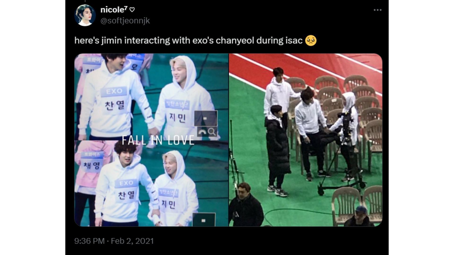 BTS' Jimin and EXO's Chanyeol were happily interacting at ISAC in 2017. (Image vis X/ @softjeonnjk)
